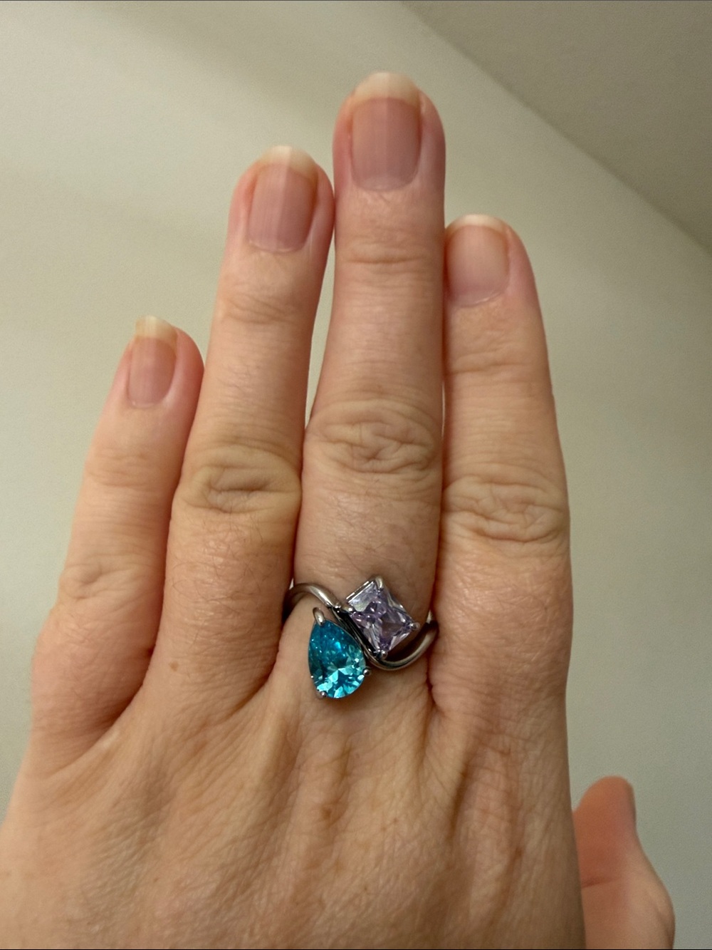 Silver Teardrop Blue and Square Purple Gemstone Ring